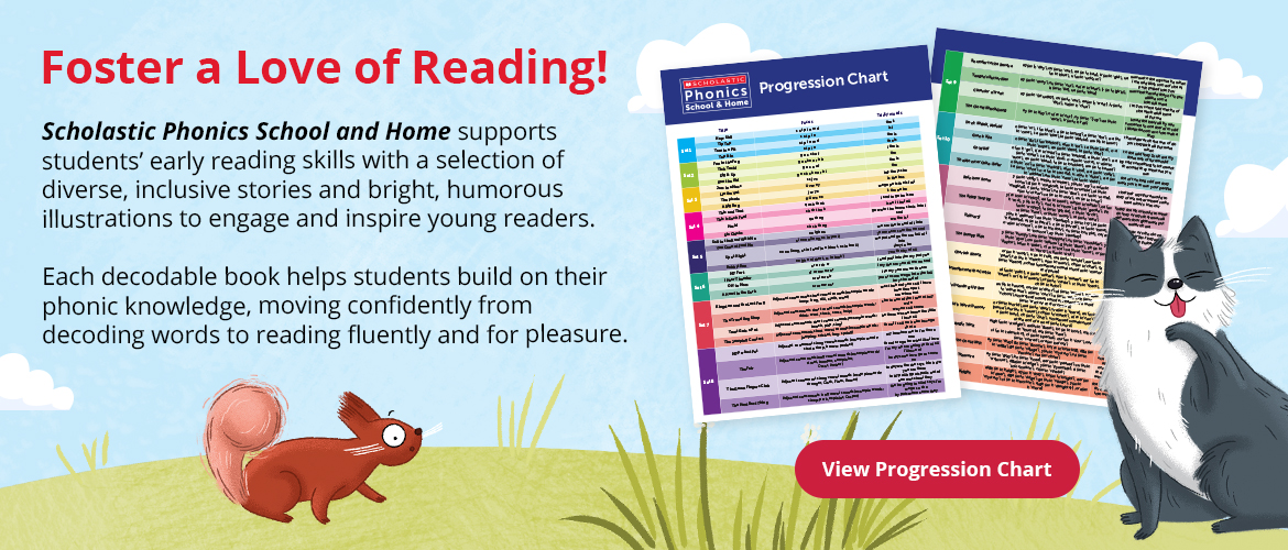 Foster a love of Reading! Scholastic Phonics School and Home supports students’ early reading skills with a selection of diverse, inclusive stories and bright, humorous illustrations to engage and inspire young readers. Each decodable book helps students build on their phonic knowledge, moving confidently from decoding words to reading fluently and for pleasure.